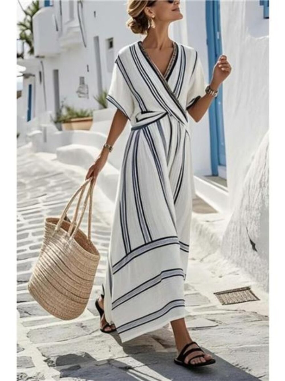 Striped Wrap Half Sleeve Maxi Dress